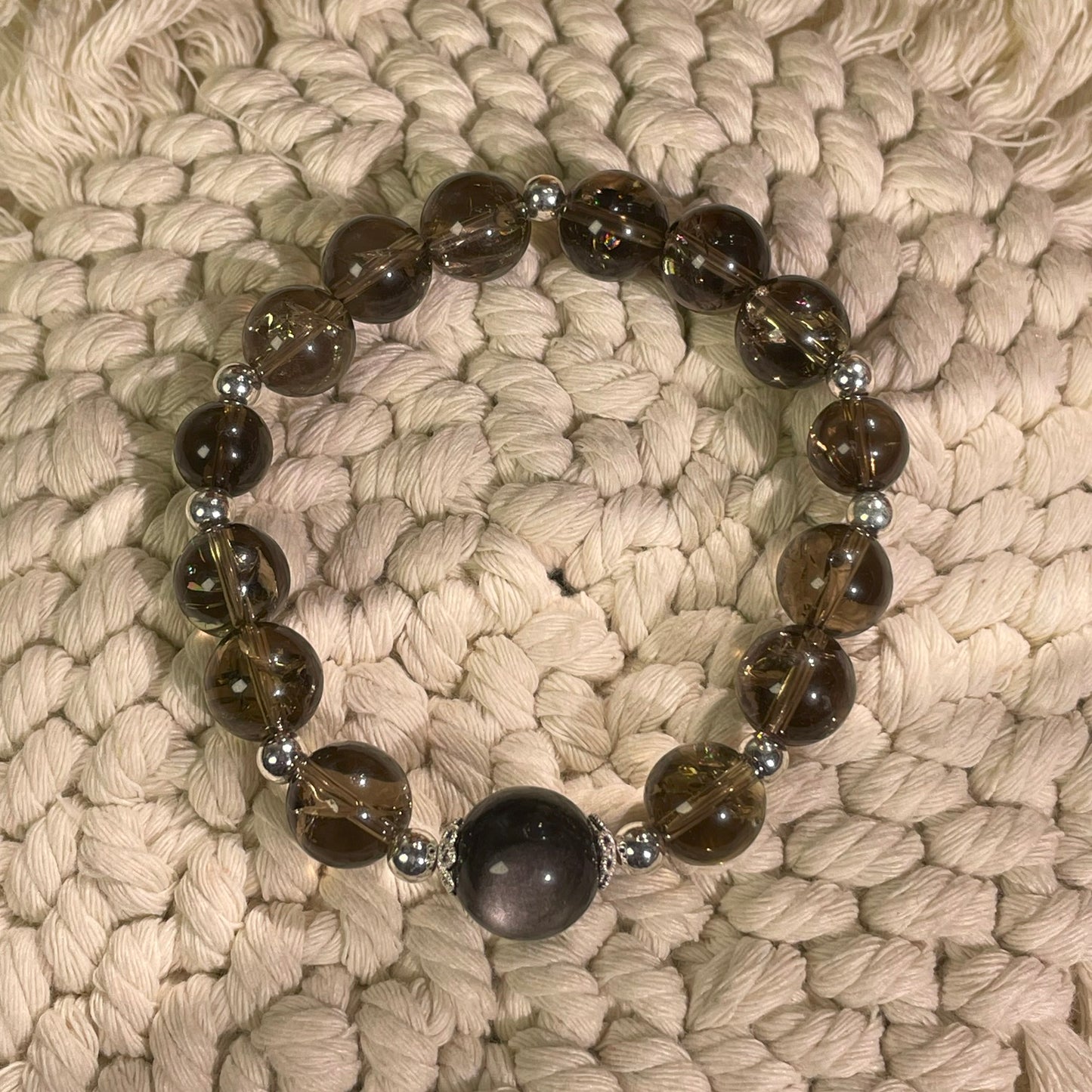 Natural high quality Smoky Quartz+Sliver Obsidian bracelet, with S925 silver accessories