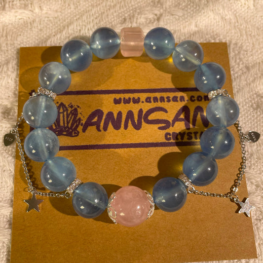Natural high quality Aquamarine+Rose Quartz bracelet, with S925 silver accessories