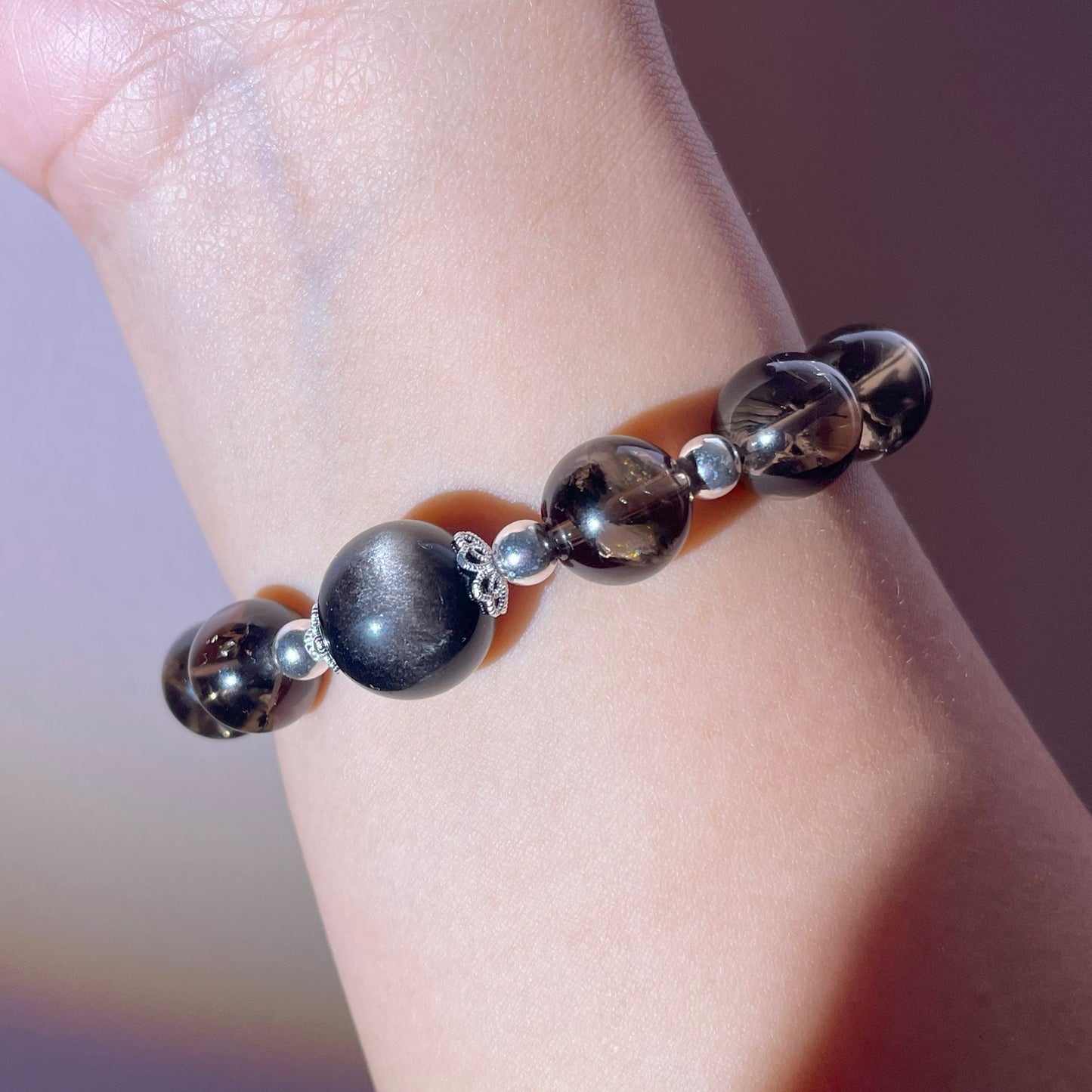 Natural high quality Smoky Quartz+Sliver Obsidian bracelet, with S925 silver accessories