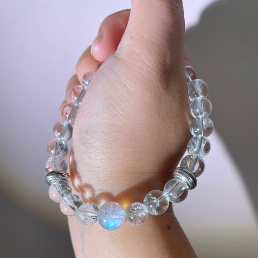 Natural high quality Clear Quartz+Blue Moonstone bracelet, with S925 silver accessories