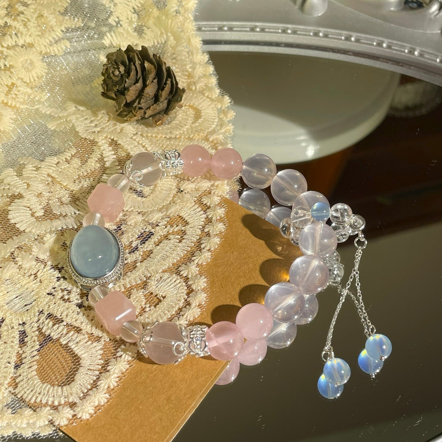 Natural high quality Rose Quartz+Aquamarine bracelet, with S925 silver accessories