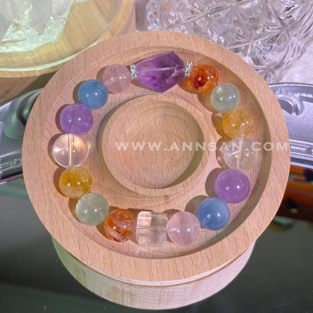 Natural high quality Crystal bracelet for Aquamarine + Amethyst + Rhodochrosite + Clear quartz + Grapevine + Rose quartz + Lavender Crystal + Citrine, with alloy fittings