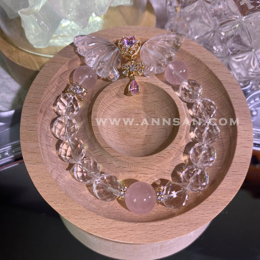 Natural high quality butterfly Crystal bracelet for Rose Quartz and Clear Quartz, with alloy fittings