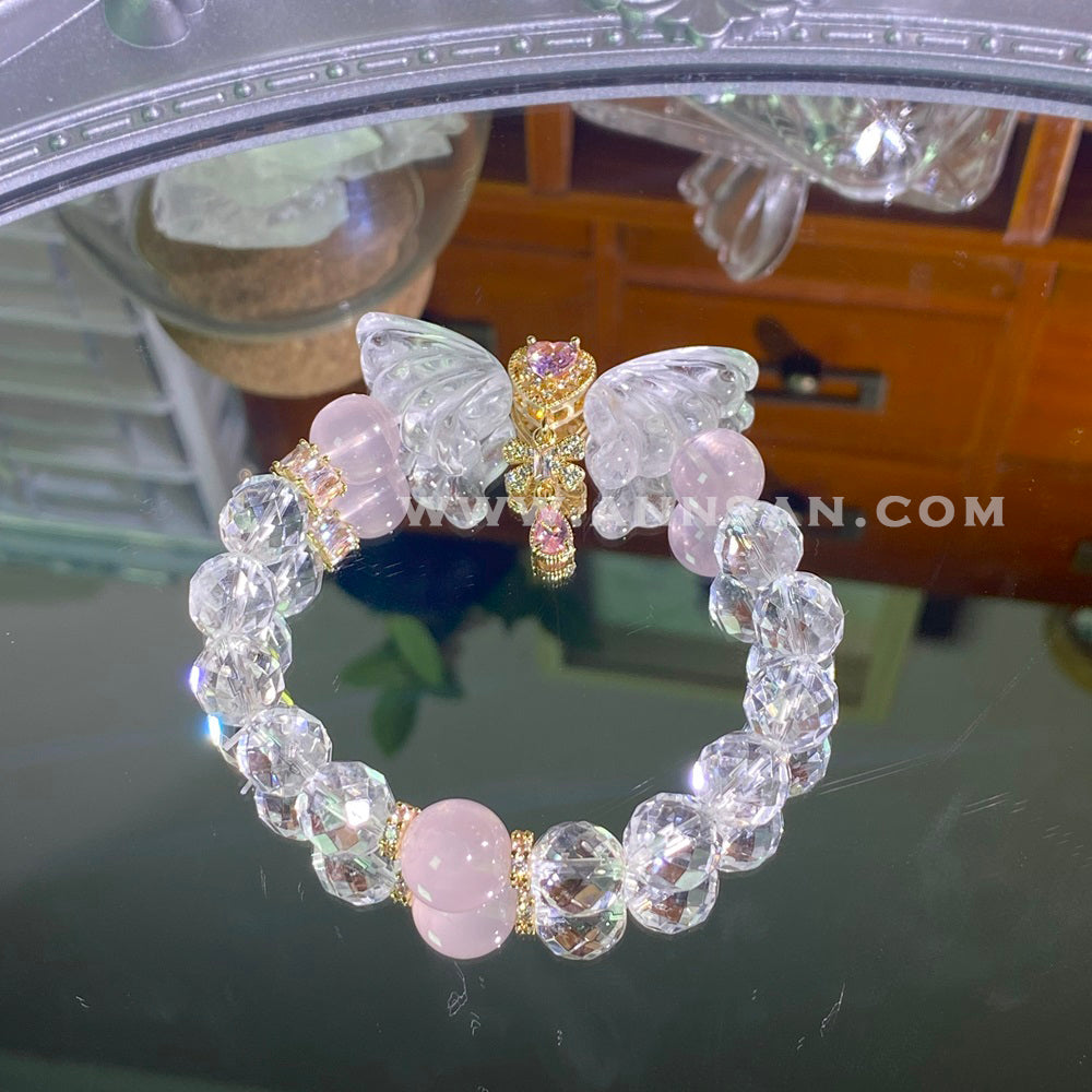 Natural high quality butterfly Crystal bracelet for Rose Quartz and Clear Quartz, with alloy fittings