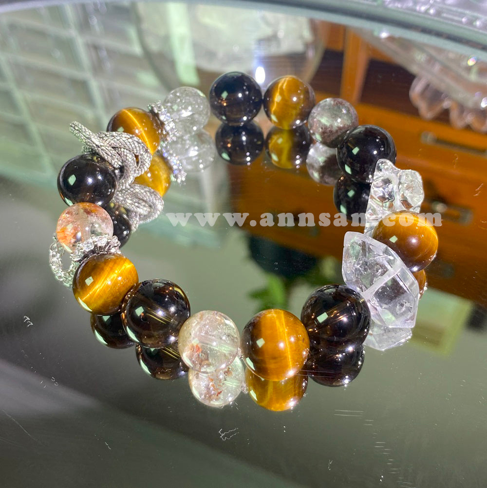 Natural high quality Crystal bracelet for  Yellow Tiger's Eye, Clear Quartz and Red Phantom Quartz, with alloy fittings