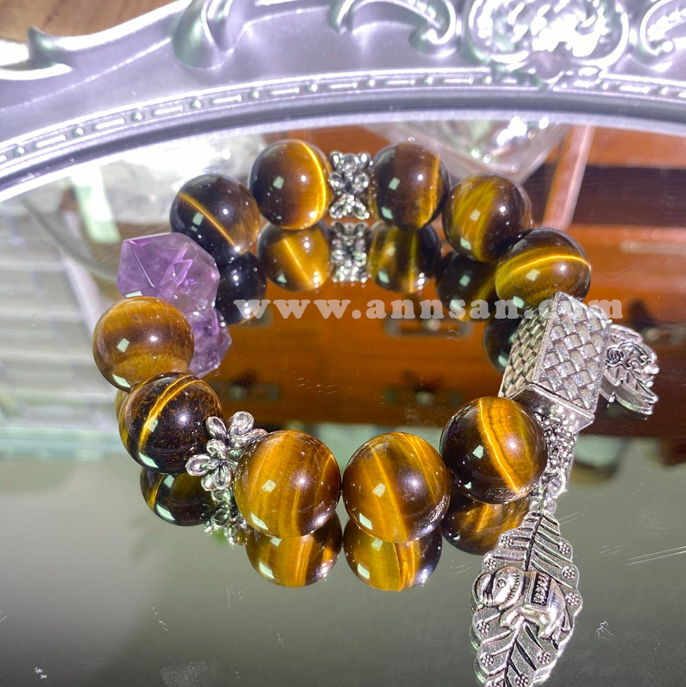 Natural high quality Crystal bracelet for Amethyst and Yellow Tiger's Eye, with alloy fittings