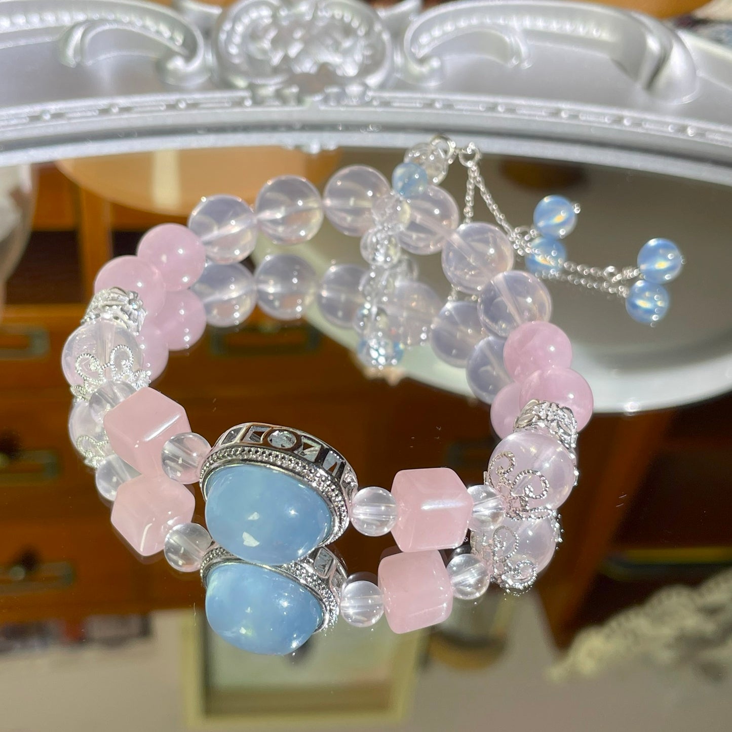 Natural high quality Rose Quartz+Aquamarine bracelet, with S925 silver accessories