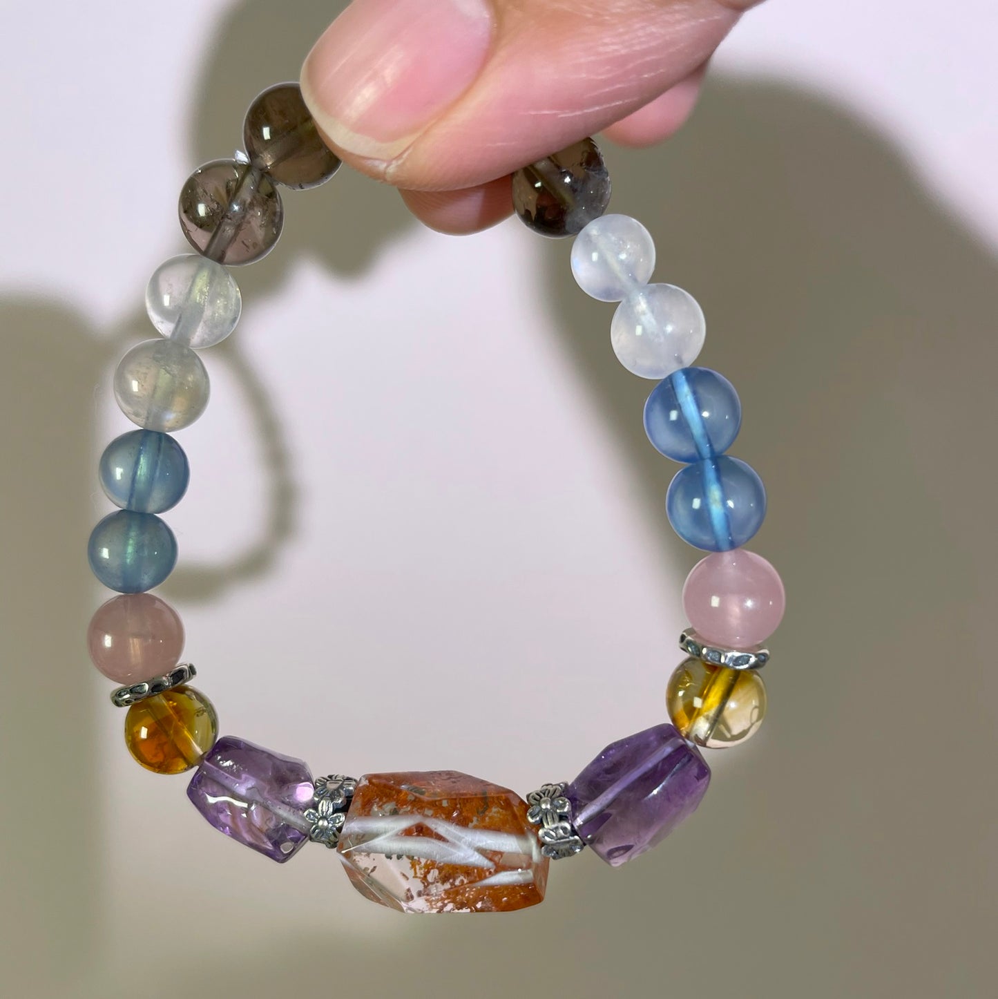 Natural high quality Crystal bracelet for 7 Charkas, Amethyst/Garnet/Rose Quartz/Aquamarine/Clear Quartz/Smoky Quartz/Red Phantom Quartz