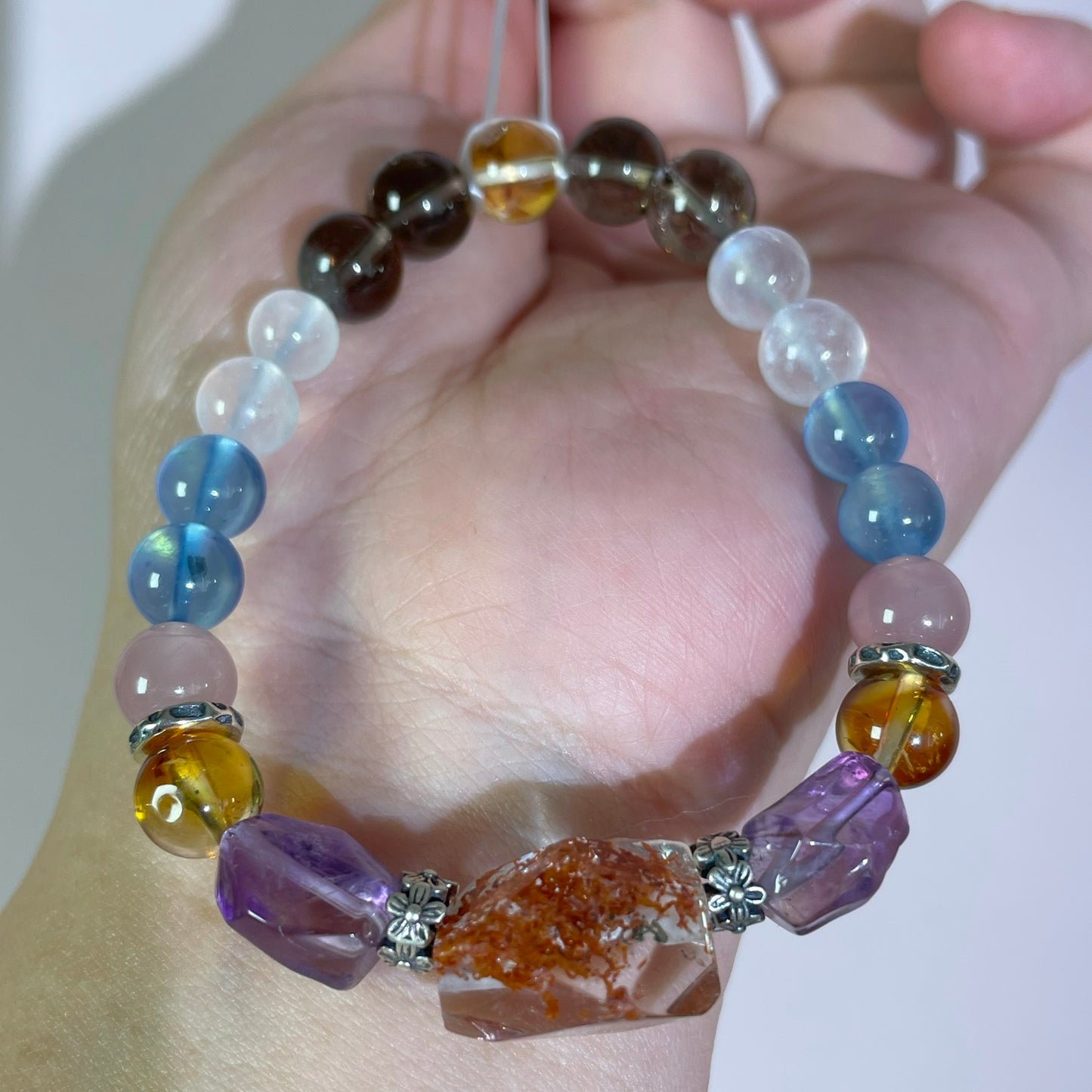 Natural high quality Crystal bracelet for 7 Charkas, Amethyst/Garnet/Rose Quartz/Aquamarine/Clear Quartz/Smoky Quartz/Red Phantom Quartz