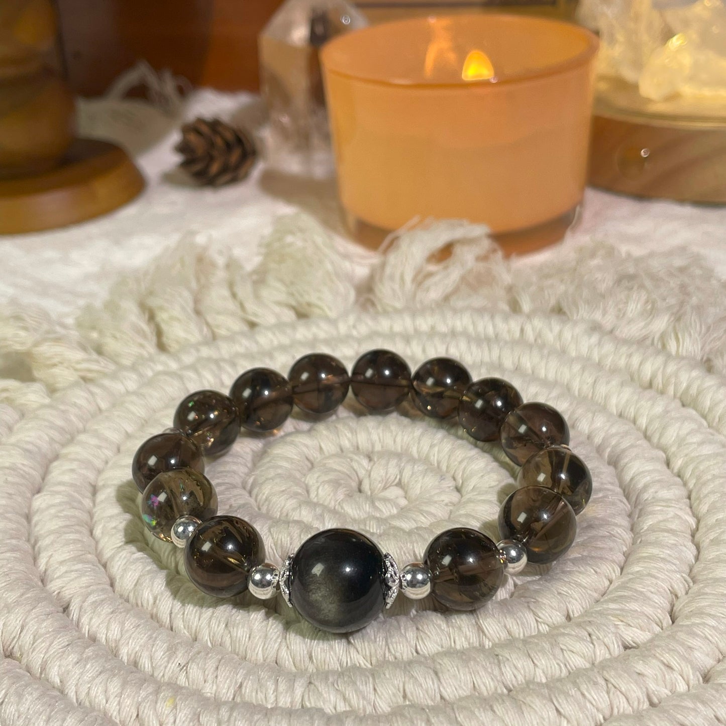 Natural high quality Smoky Quartz+Sliver Obsidian bracelet, with S925 silver accessories