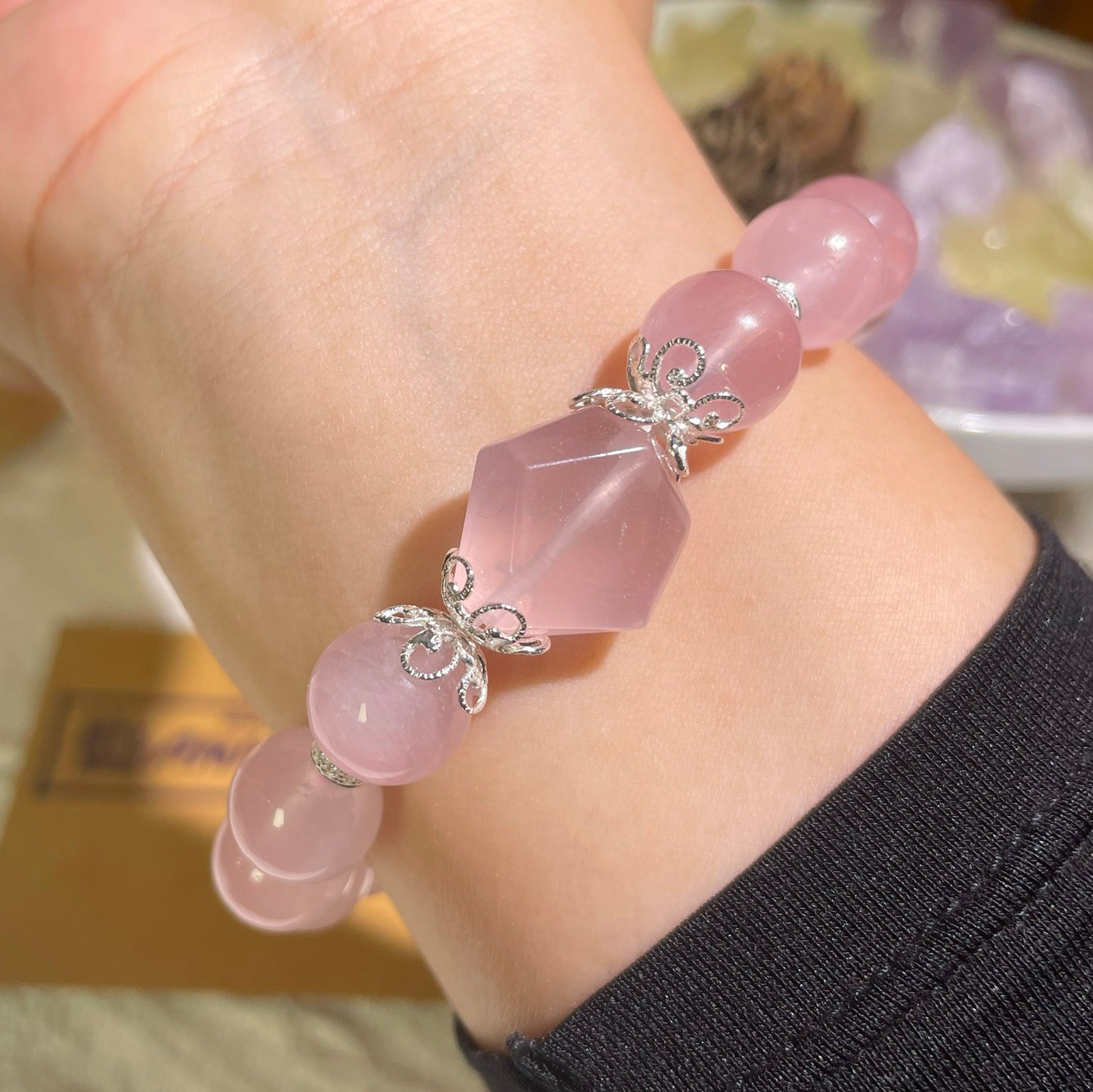 Natural high quality Rose Quartz+Clear Quartz bracelet, with S925 silver accessories