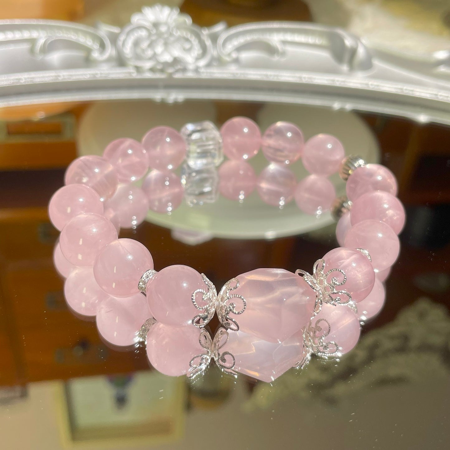 Natural high quality Rose Quartz+Clear Quartz bracelet, with S925 silver accessories